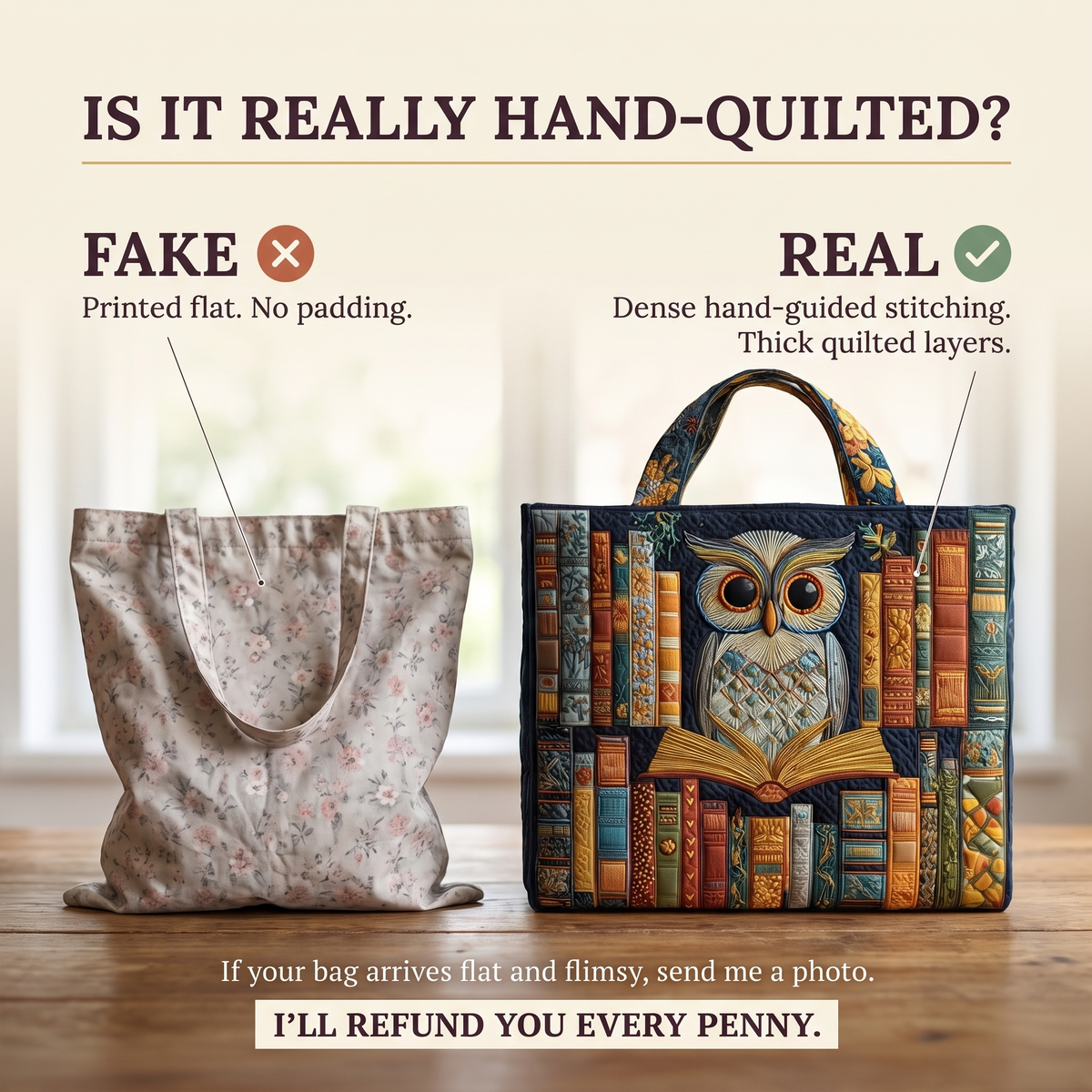 Eule mit Vintage-Büchern — Handwerklich gesteppte Tasche
