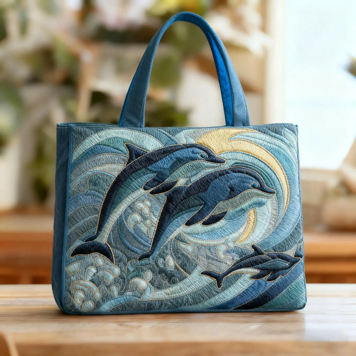 Delfin im Ozean — handwerklich gesteppte Tasche