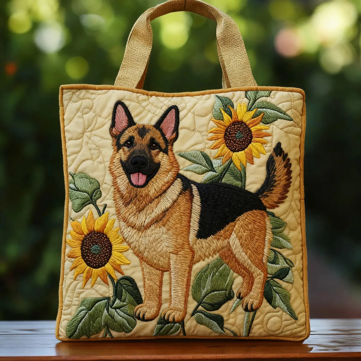 Deutscher Schäferhund mit Blumen — handwerklich gesteppte Tasche