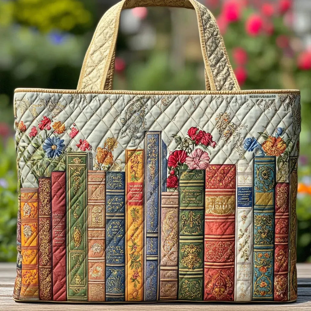 Verzauberte Bibliothek — handwerklich gesteppte Tasche