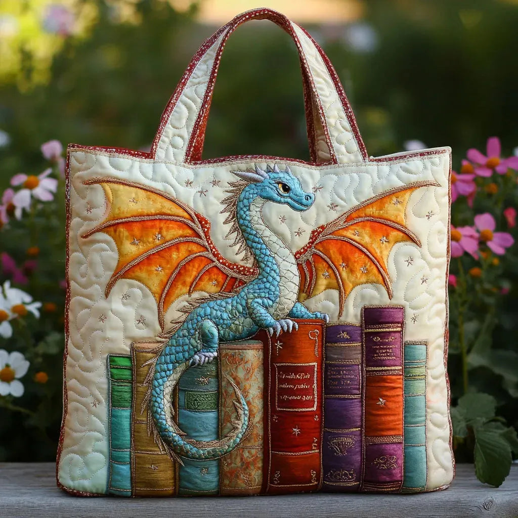 Smaragdgrüner Drache, Bücherwächter — handwerklich gesteppte Tasche
