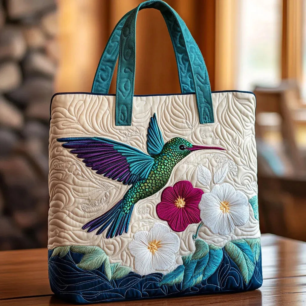Kolibri und weiße Blume — handwerklich gesteppte Tasche