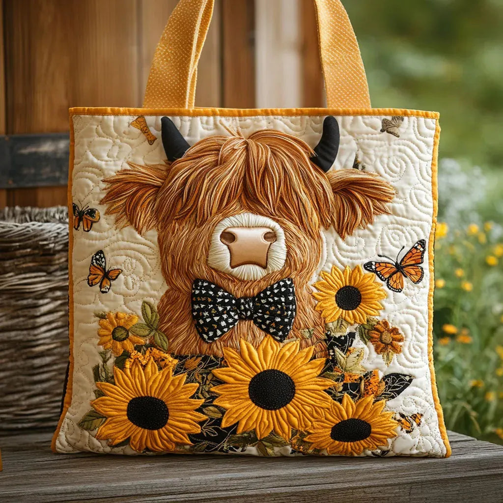 Schottisches Hochlandrind mit Sonnenblumen — handwerklich gesteppte Tasche