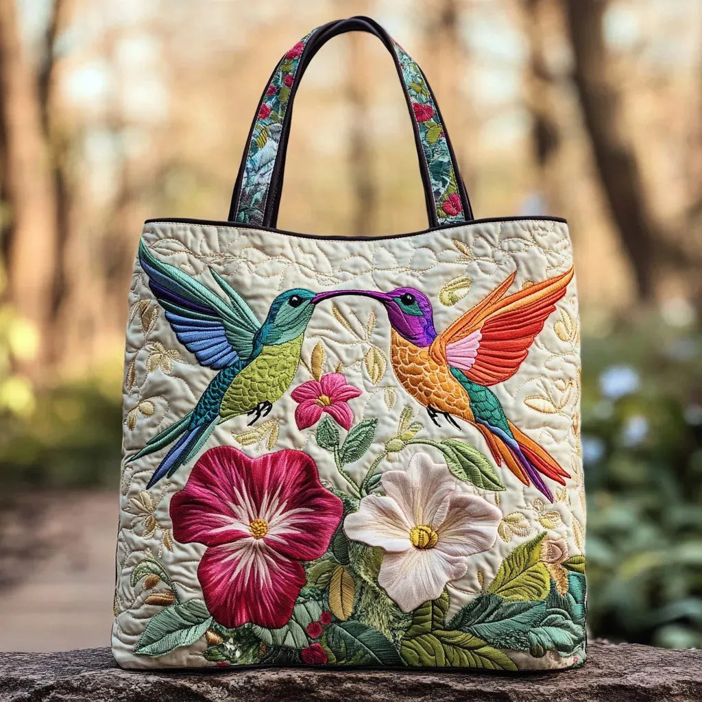 Kolibri und weiße Blumen — handwerklich gesteppte Tasche