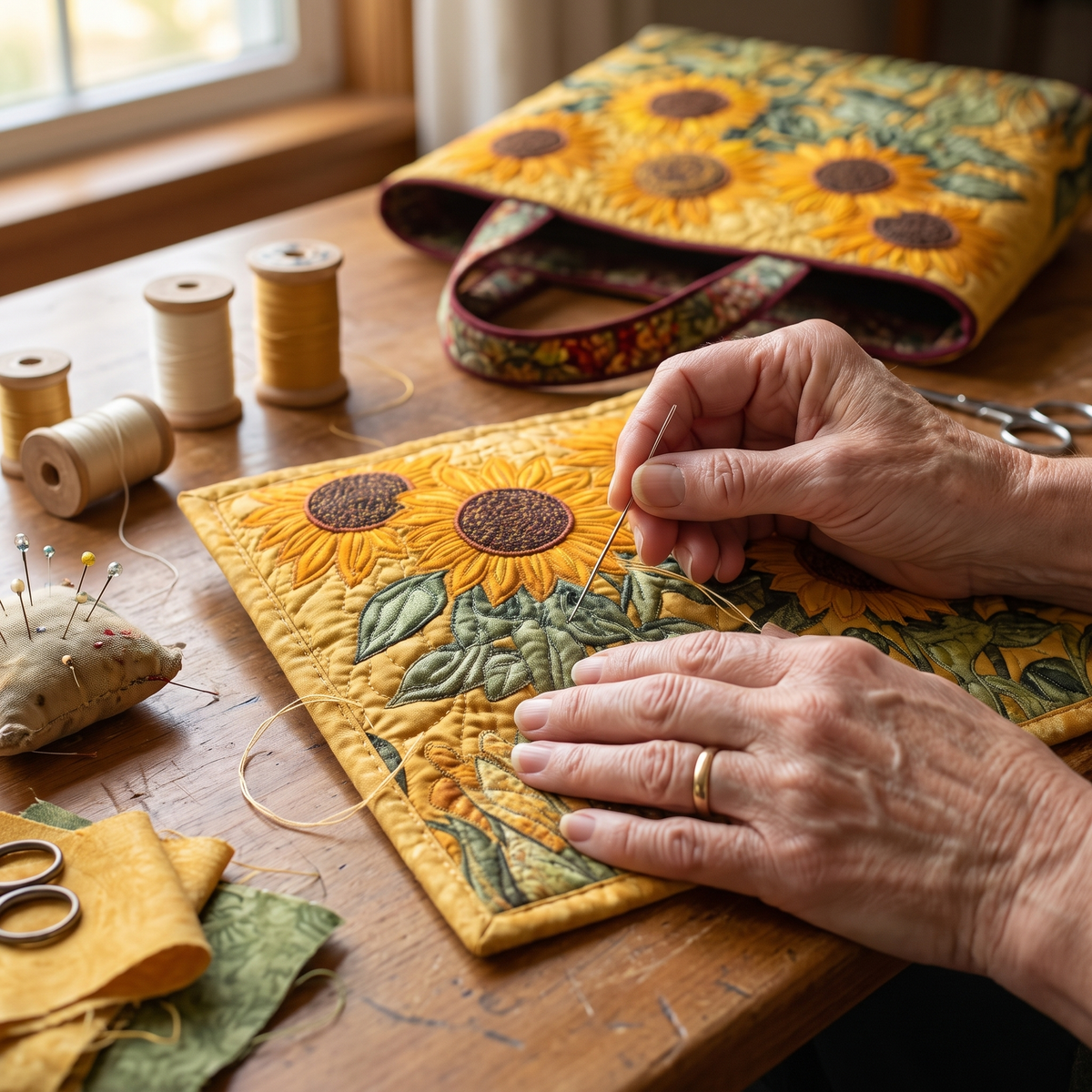 Sonnenblumen — Handwerklich gesteppte Tasche