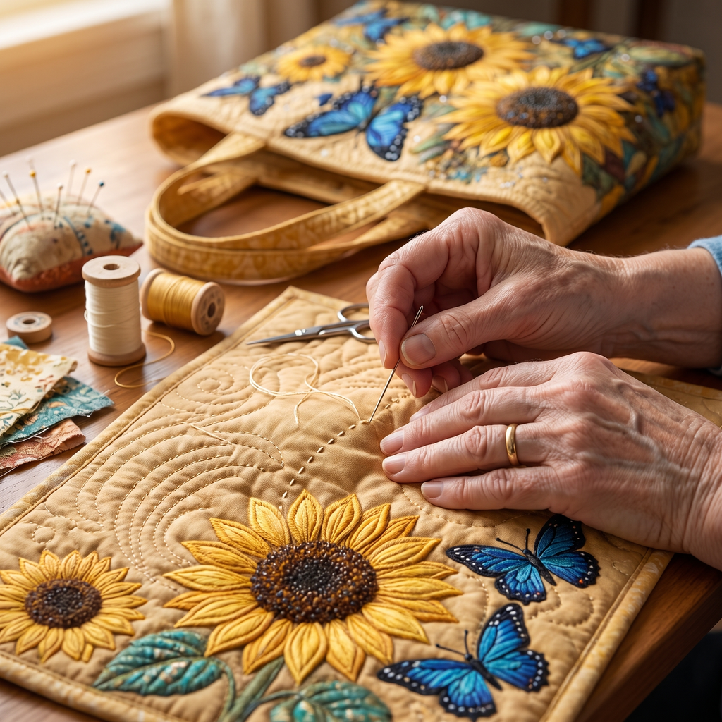 Sonnenblumen und blaue Schmetterlinge — Handwerklich gesteppte Tasche
