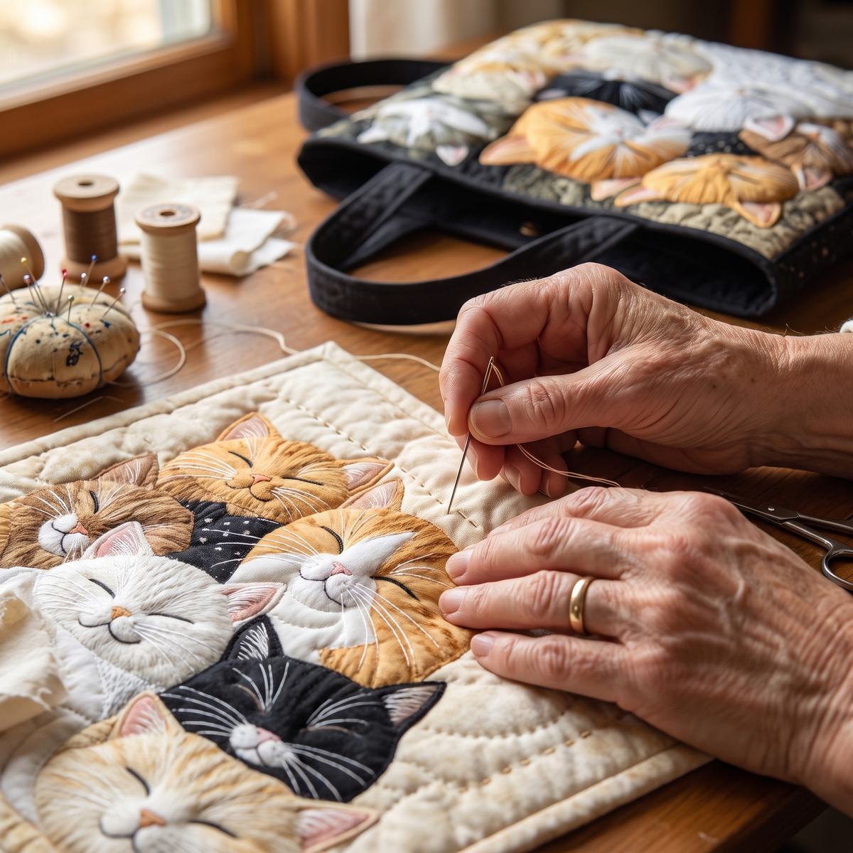 Schlafende Kätzchen — Handwerklich gesteppte Tasche
