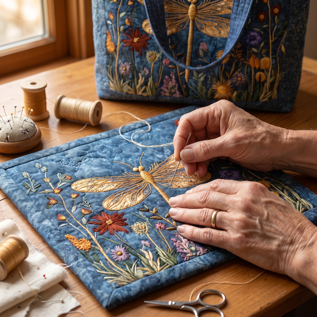 Goldene Libelle — Handwerklich gesteppte Tasche