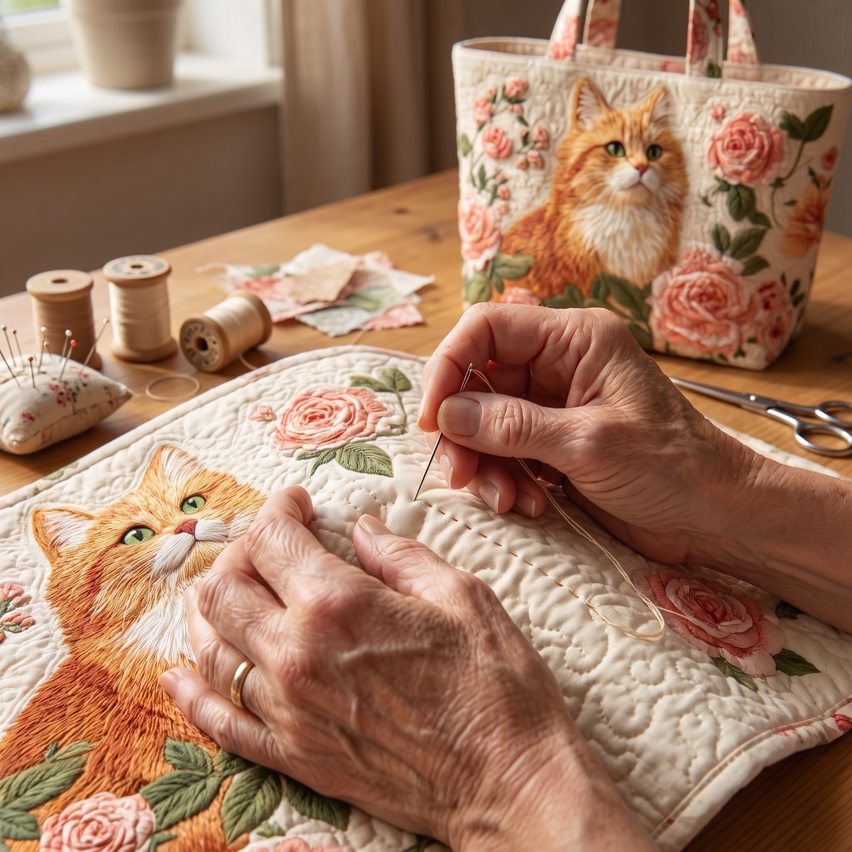 Rote Katze mit Rosen — Handwerklich gesteppte Tasche
