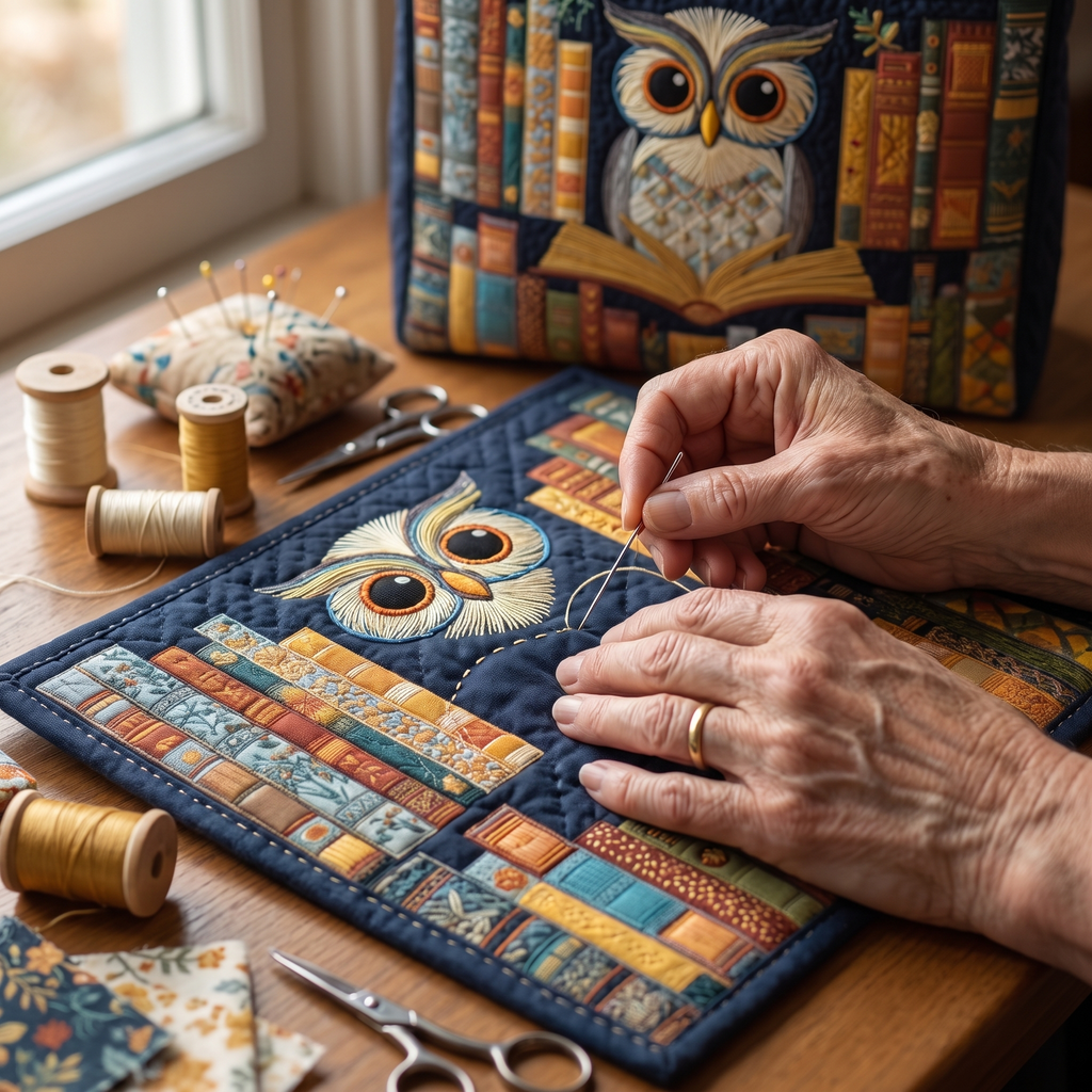 Eule mit Vintage-Büchern — Handwerklich gesteppte Tasche
