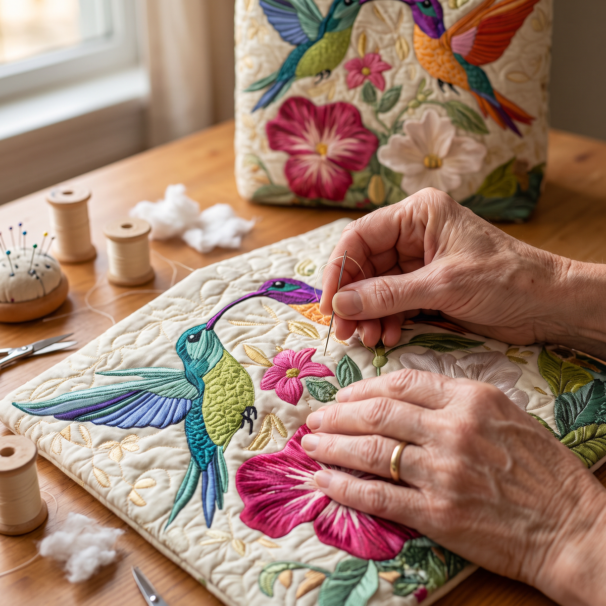 Kolibri und weiße Blumen — handwerklich gesteppte Tasche