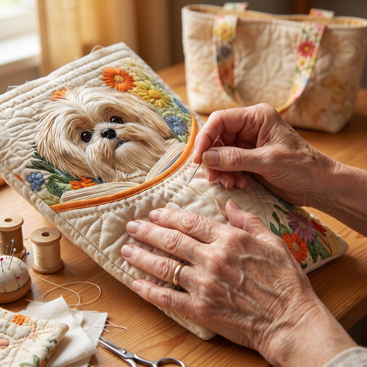 Shih Tzu mit Büchern und Blüten — Handwerklich gesteppte Tasche