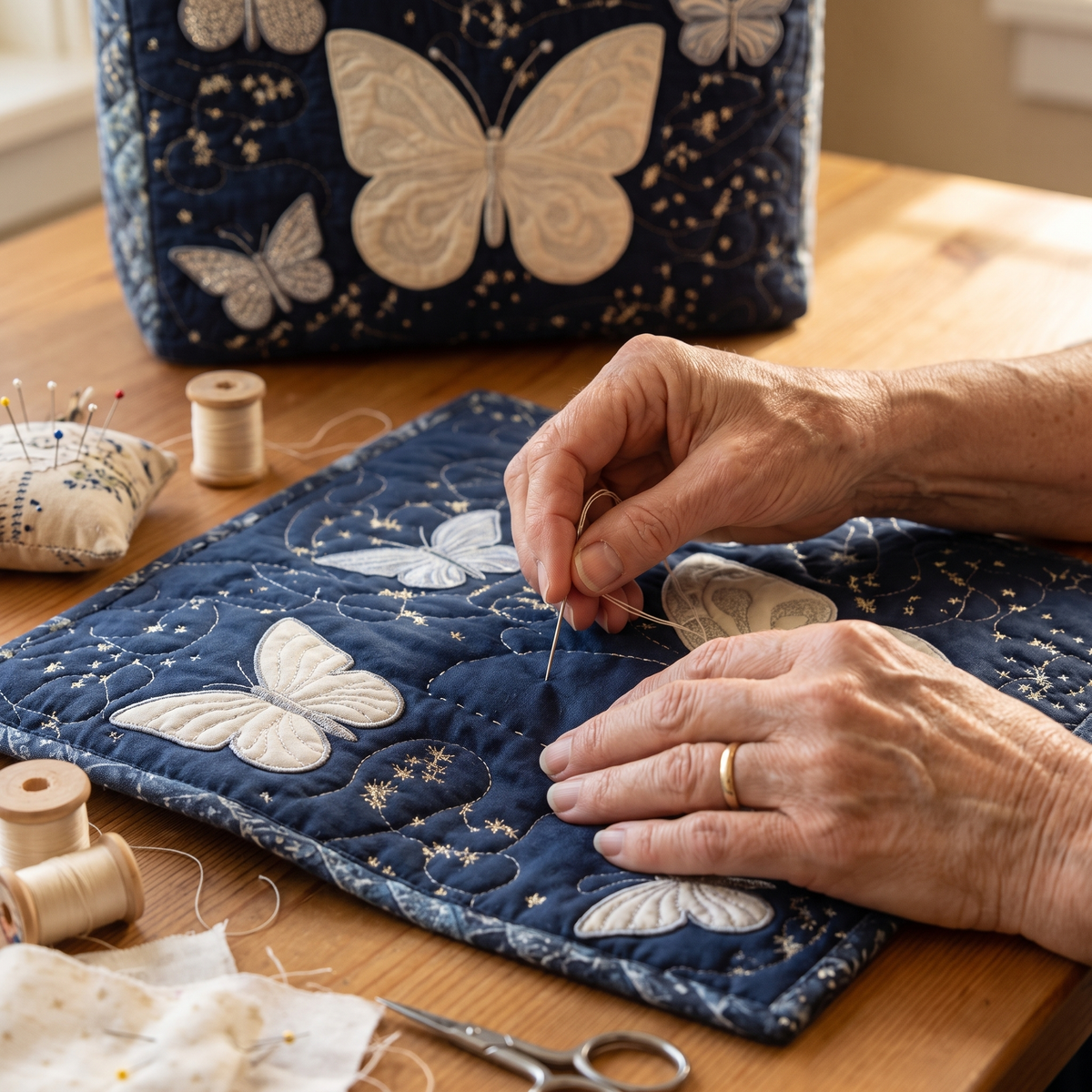 Silberner Schmetterling — Handwerklich gesteppte Tasche