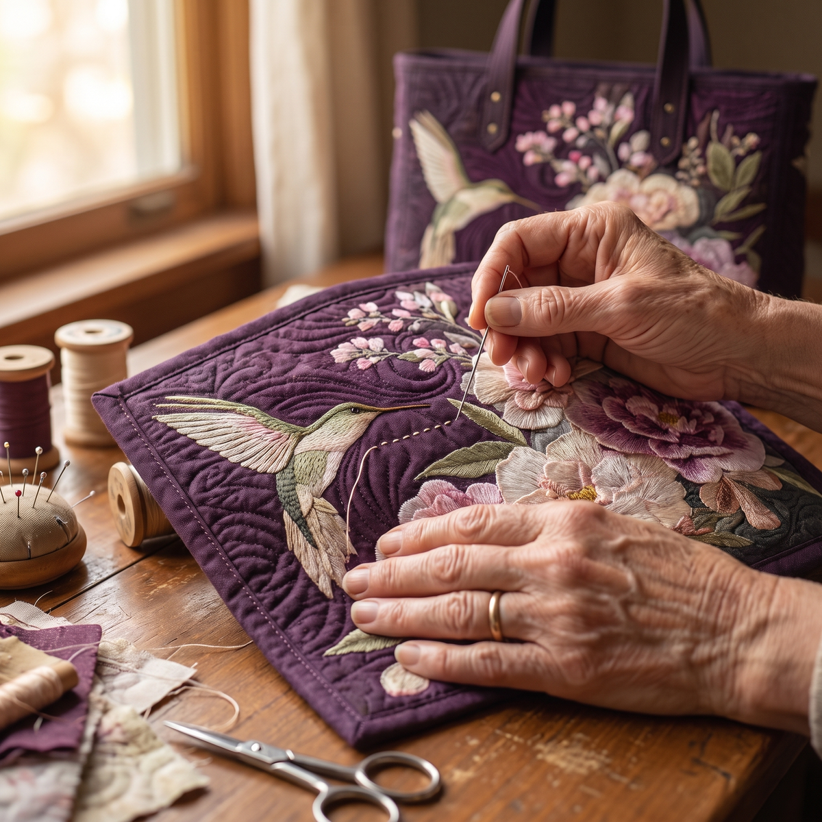 Kolibris und Orchideen — Handwerklich gesteppte Tasche