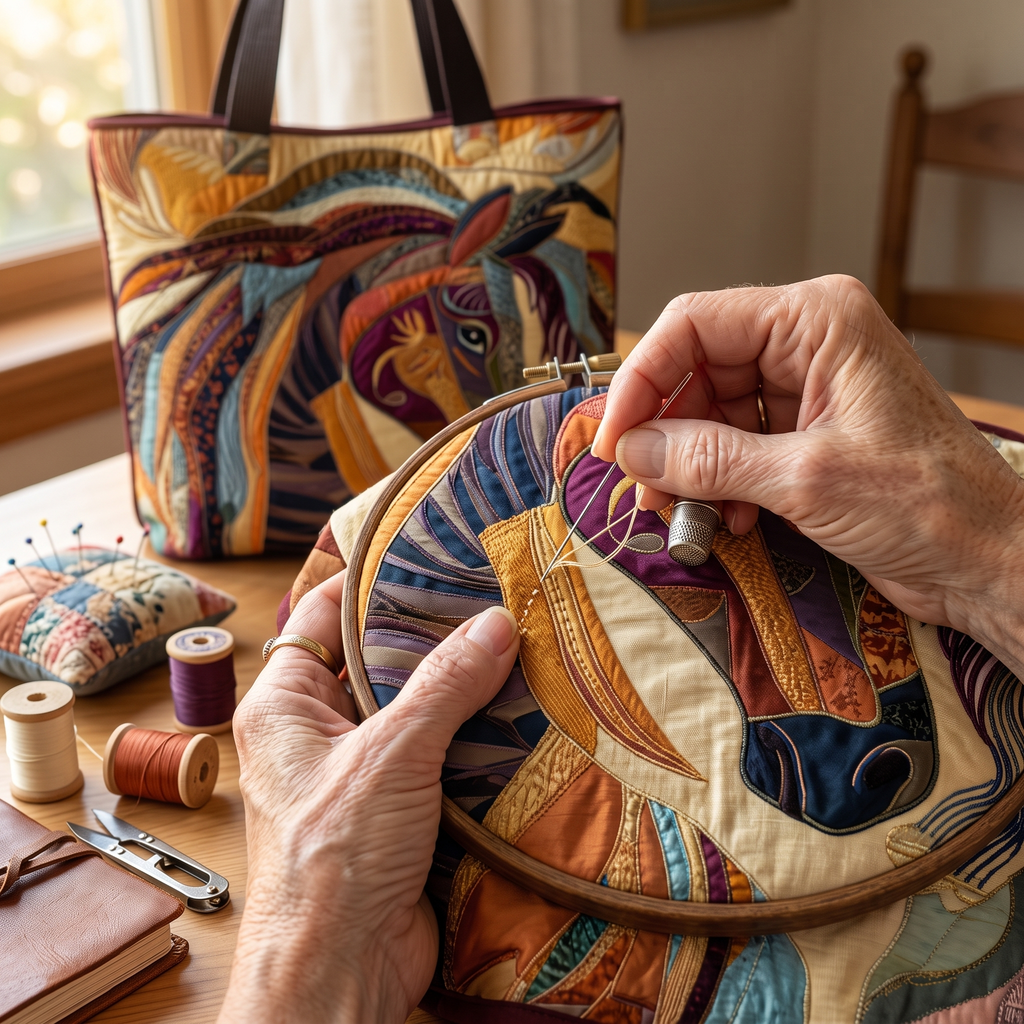 Buntes Mosaikpferd — handwerklich gesteppte Tasche