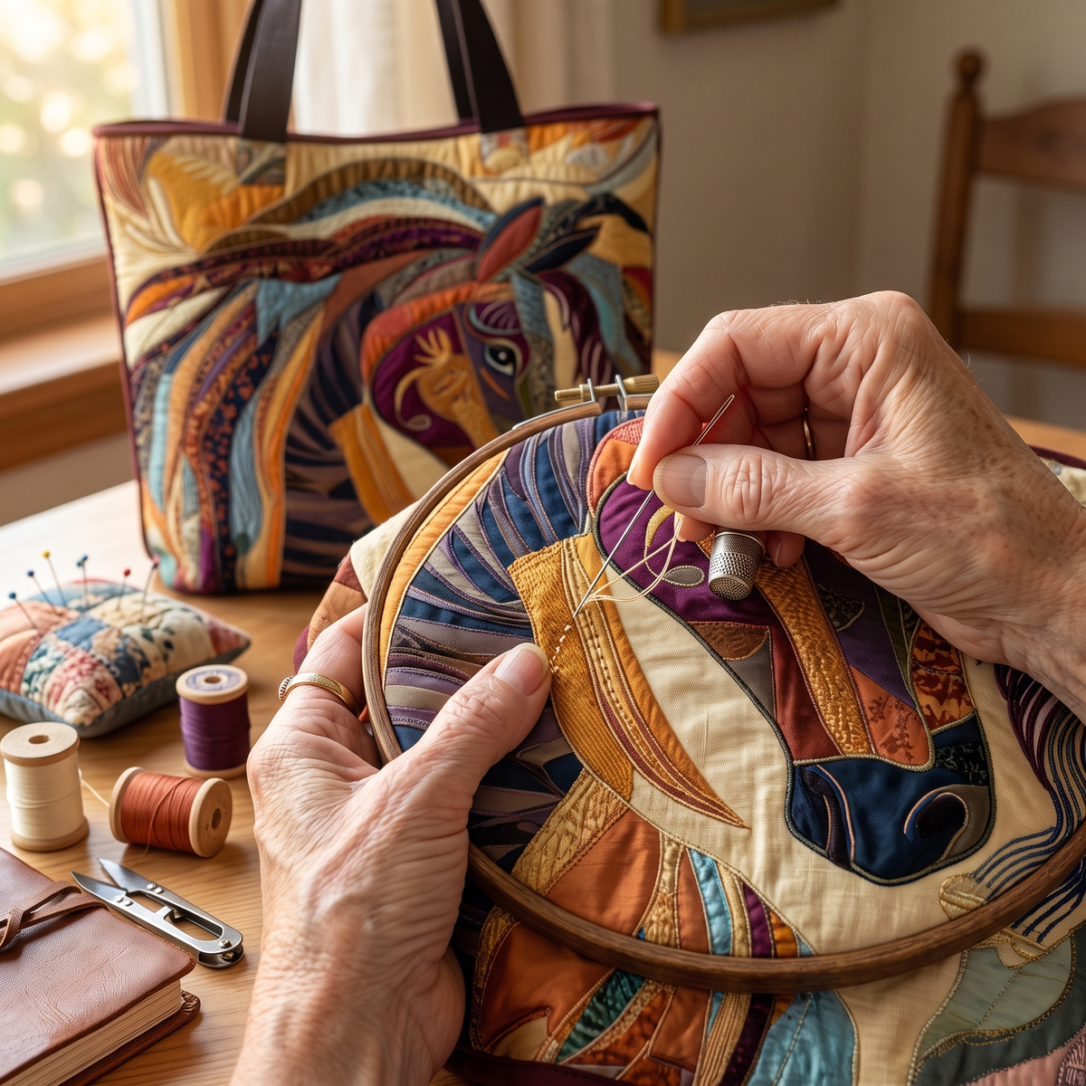 Buntes Mosaikpferd — handwerklich gesteppte Tasche