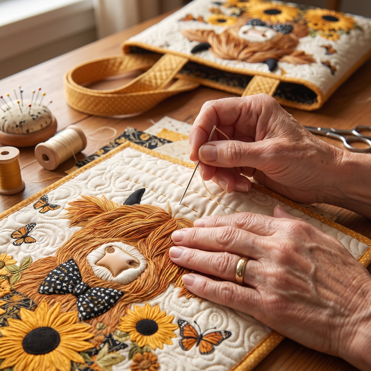 Schottisches Hochlandrind mit Sonnenblumen — handwerklich gesteppte Tasche