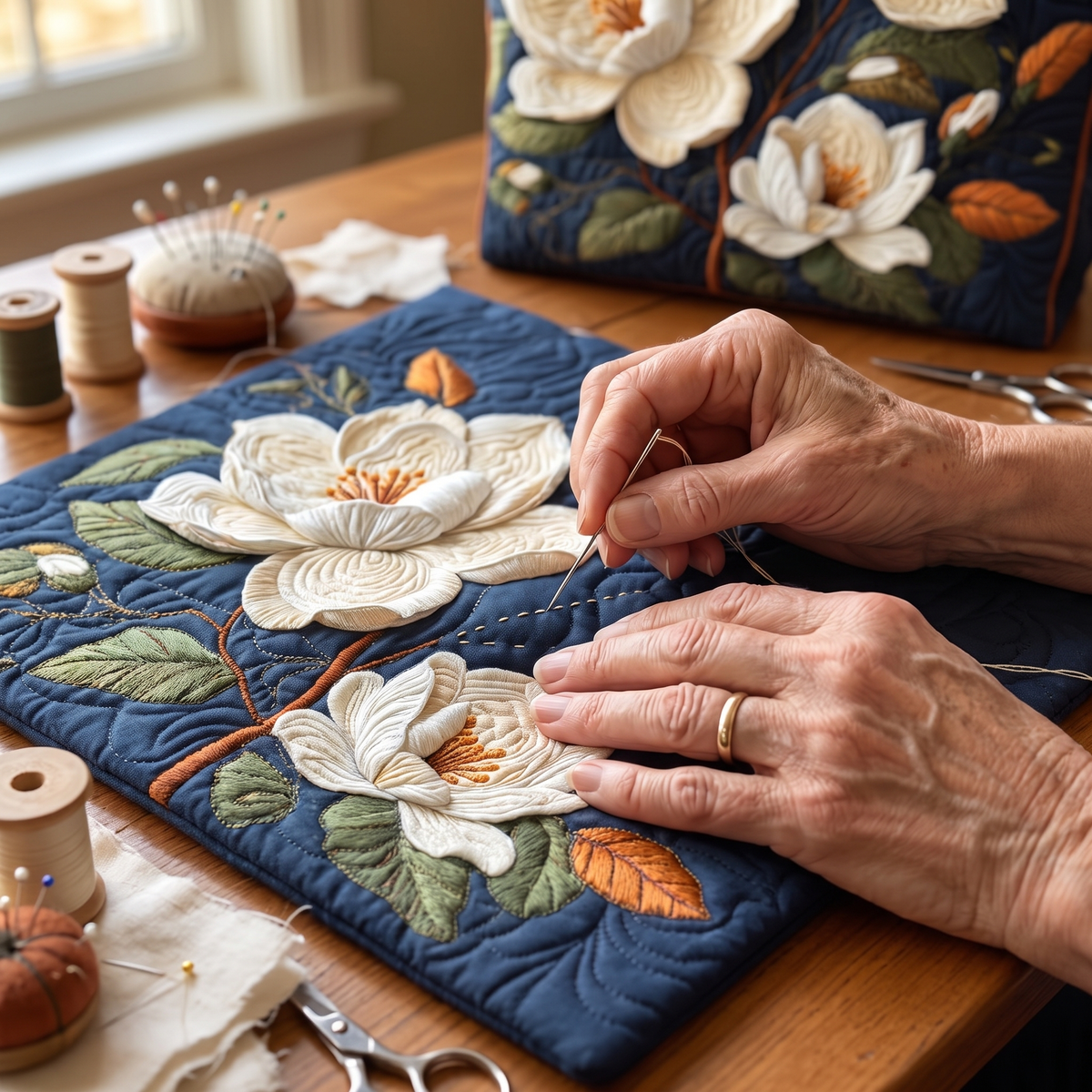 Zarte Magnolie — Handwerklich gesteppte Tasche