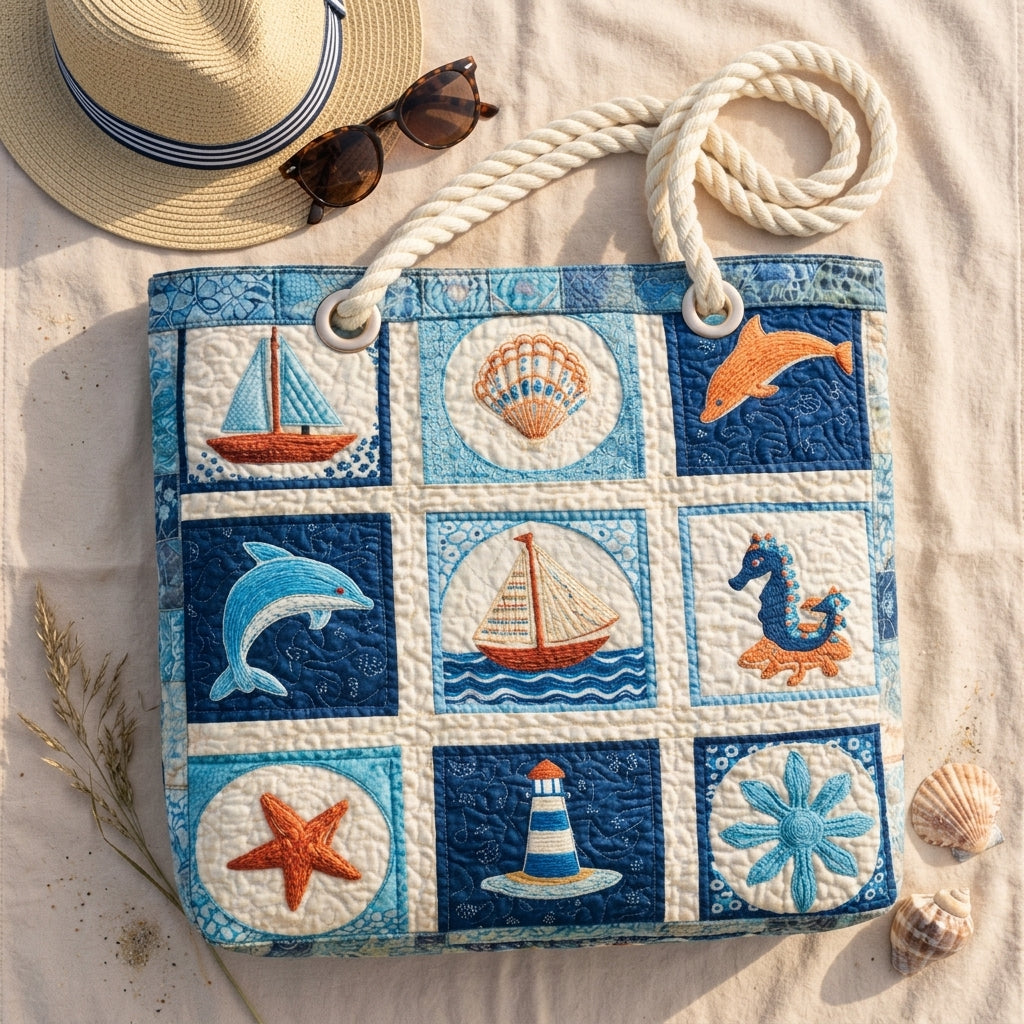 Meerestiere — handwerklich gesteppte Strandtasche
