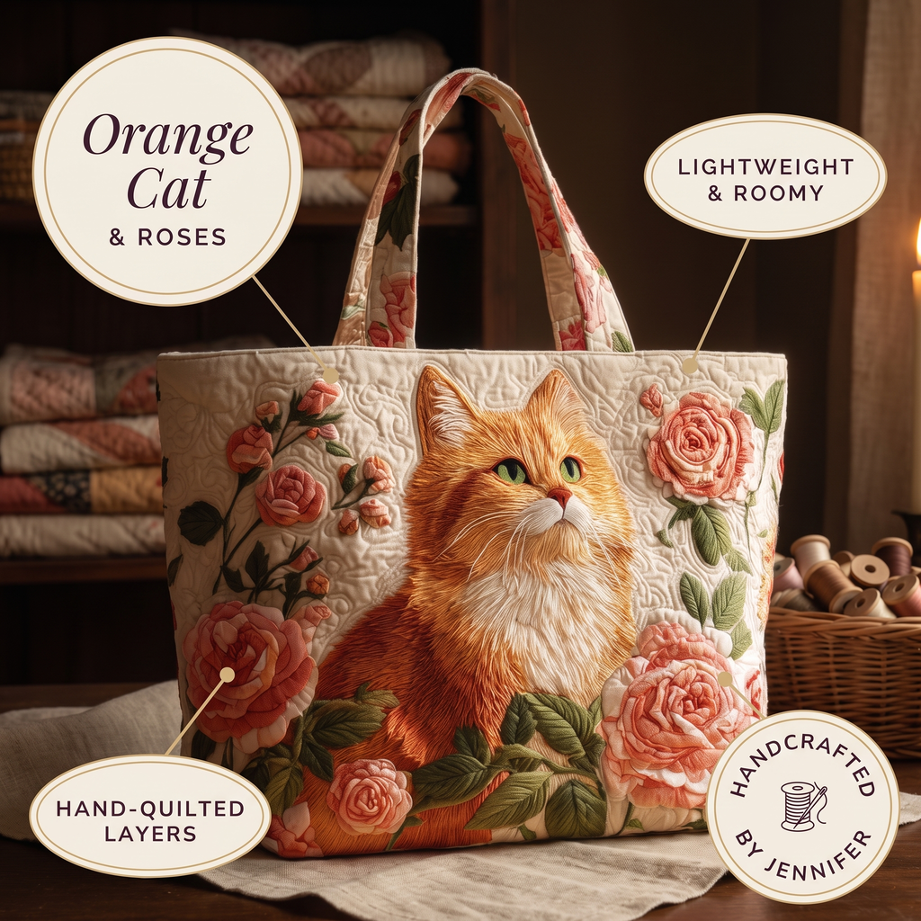 Rote Katze mit Rosen — Handwerklich gesteppte Tasche
