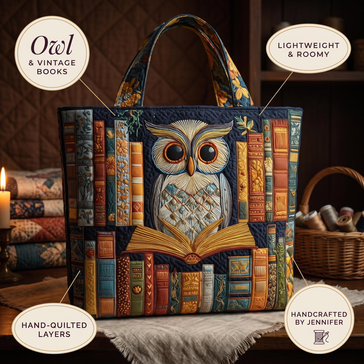 Eule mit Vintage-Büchern — Handwerklich gesteppte Tasche