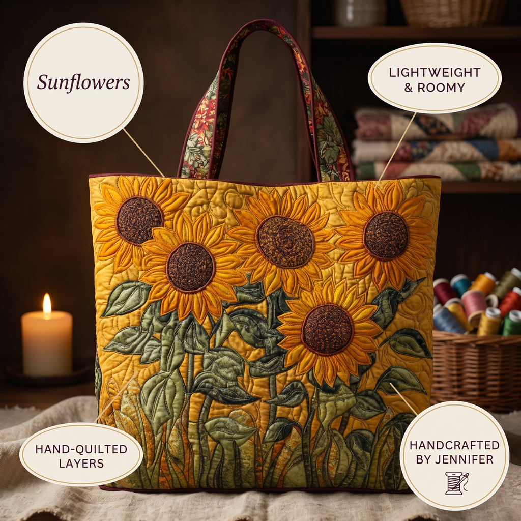 Sonnenblumen — Handwerklich gesteppte Tasche