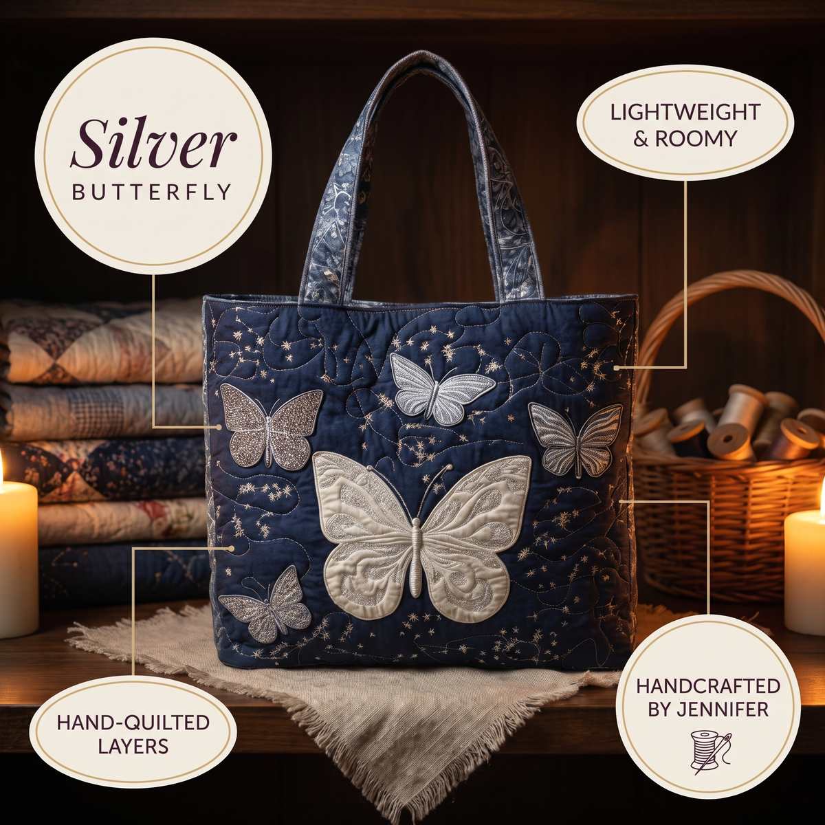 Silberner Schmetterling — Handwerklich gesteppte Tasche