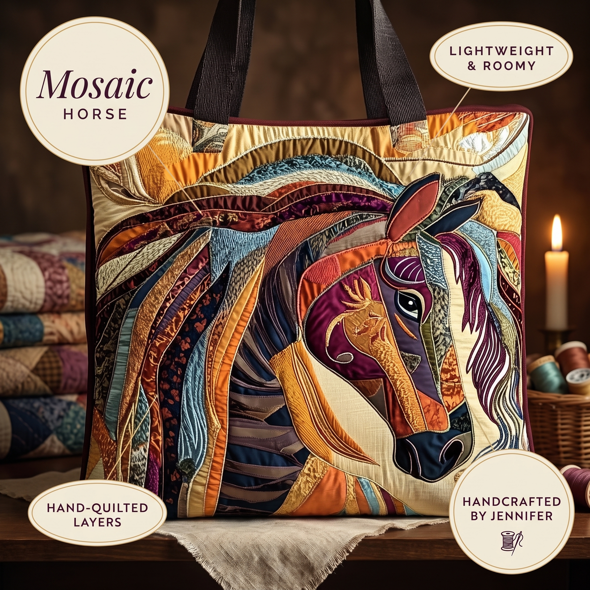 Buntes Mosaikpferd — handwerklich gesteppte Tasche