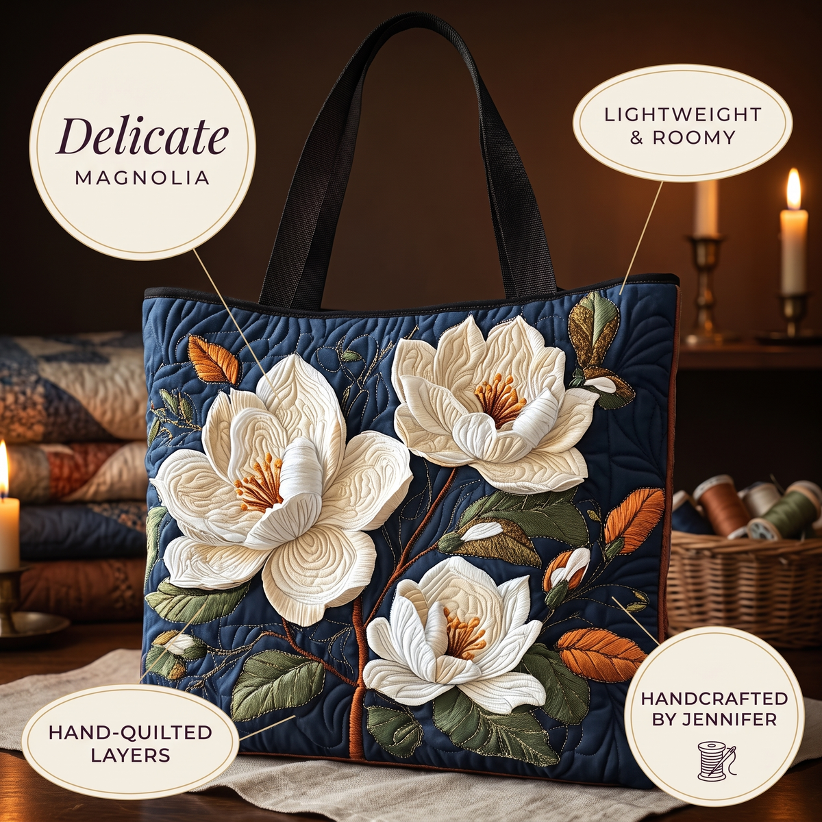 Zarte Magnolie — Handwerklich gesteppte Tasche