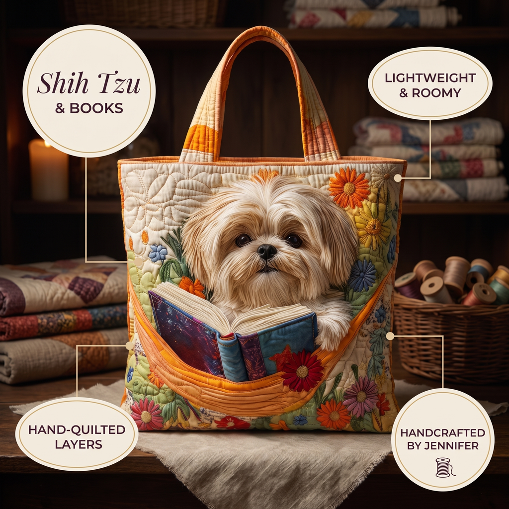Shih Tzu mit Büchern und Blüten — Handwerklich gesteppte Tasche