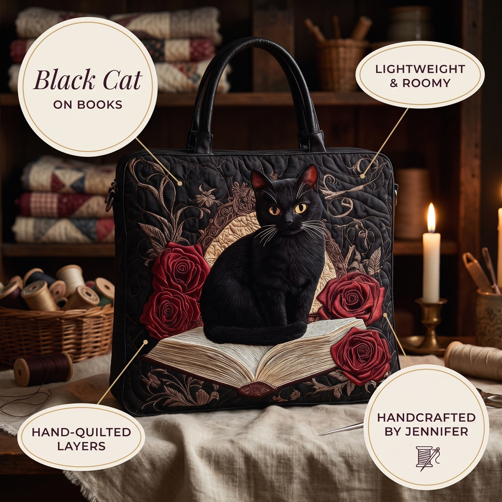 Schwarze Katze auf Büchern — Handwerklich gesteppte Tasche