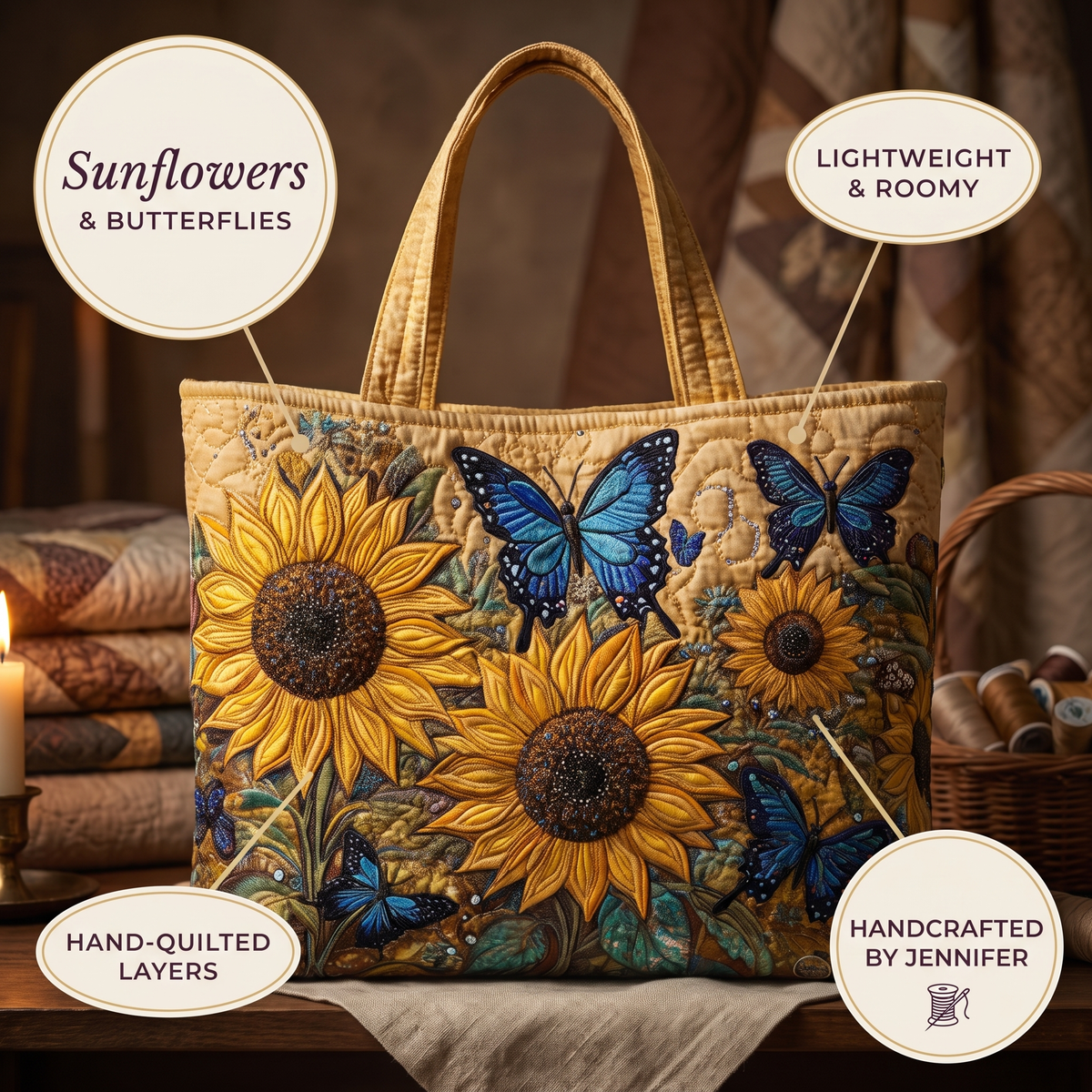 Sonnenblumen und blaue Schmetterlinge — Handwerklich gesteppte Tasche