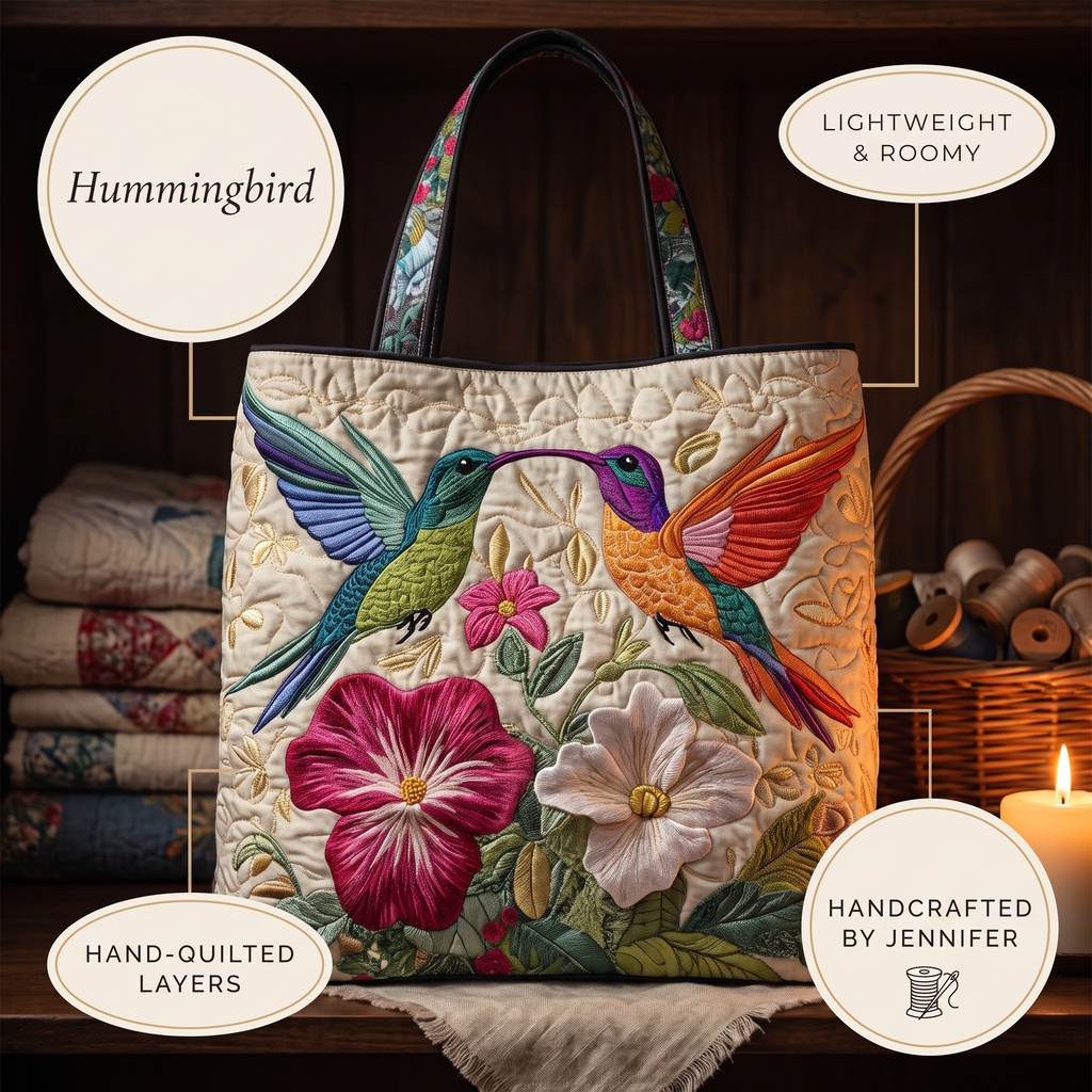 Kolibri und weiße Blumen — handwerklich gesteppte Tasche