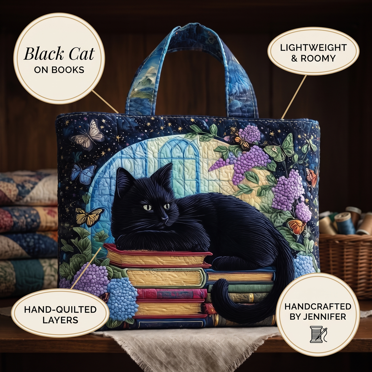 Schwarze Katze auf Büchern — Handwerklich gesteppte Tasche