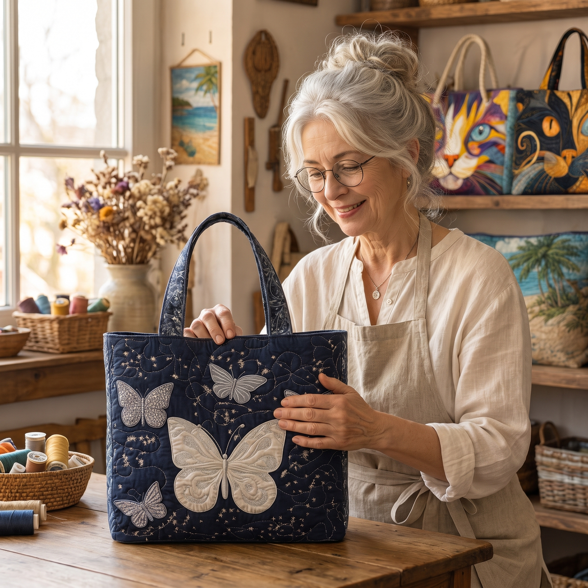Silberner Schmetterling — Handwerklich gesteppte Tasche