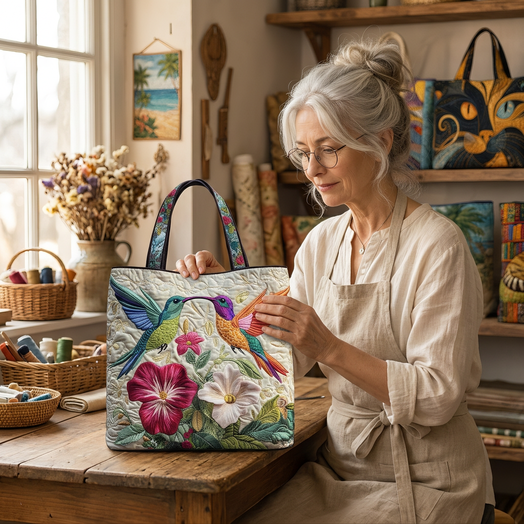 Kolibri und weiße Blumen — handwerklich gesteppte Tasche