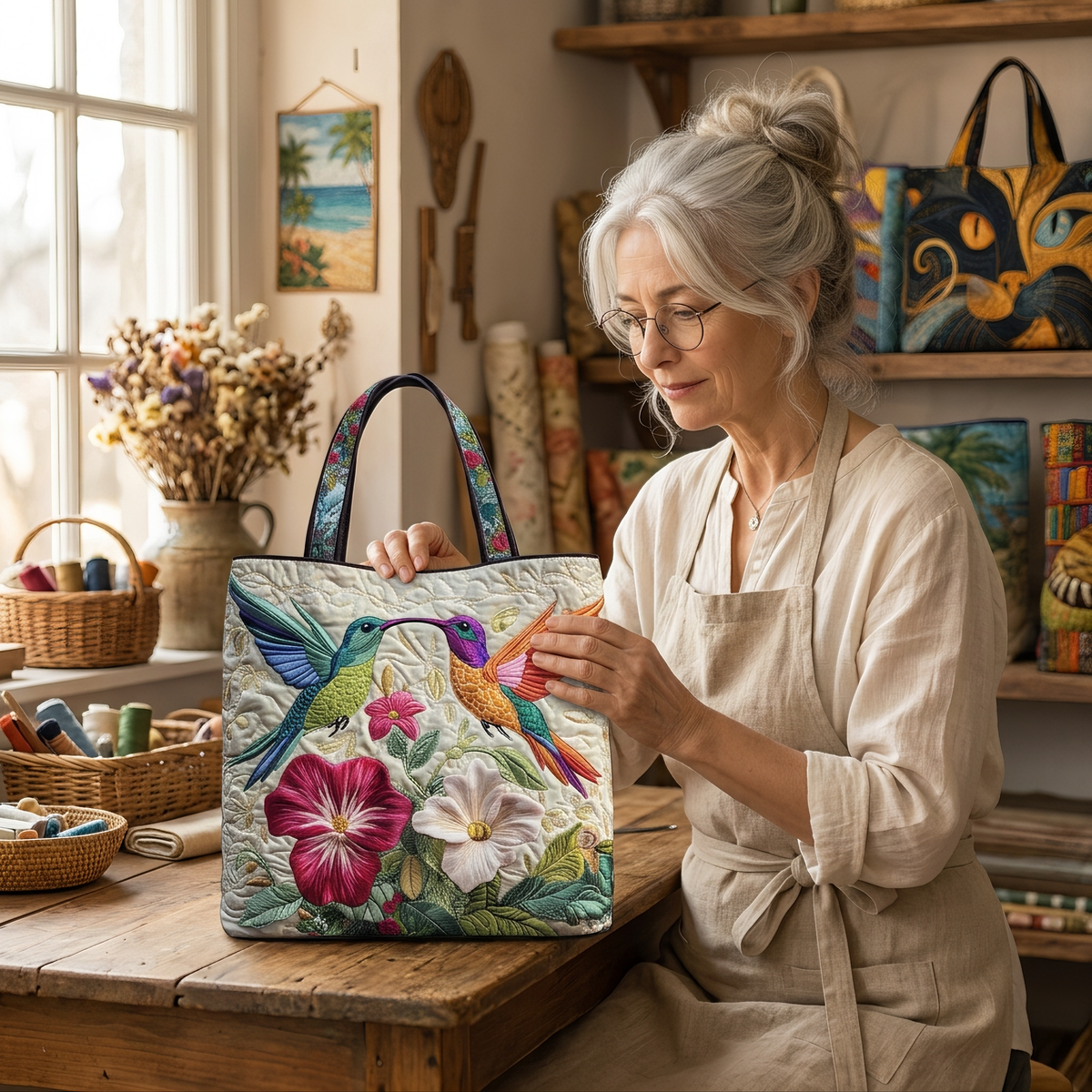 Kolibri und weiße Blumen — handwerklich gesteppte Tasche