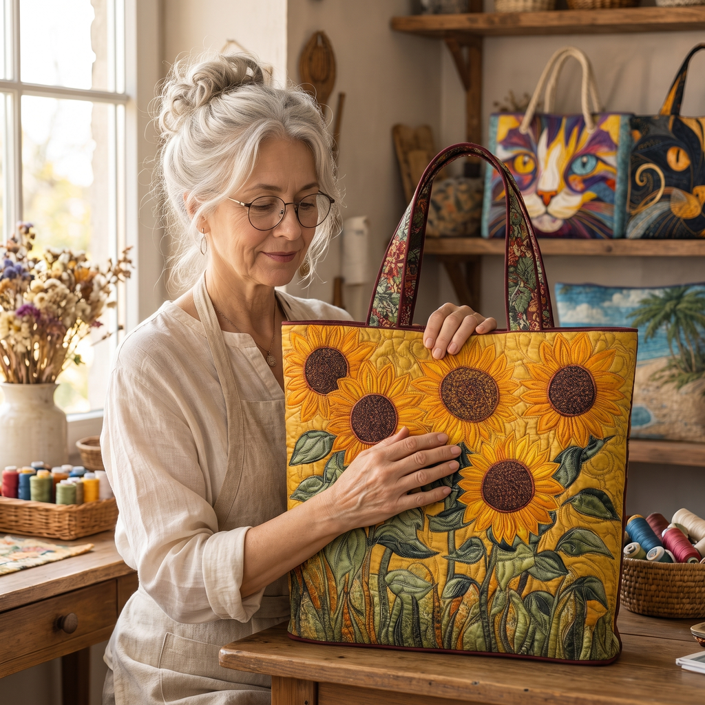 Sonnenblumen — Handwerklich gesteppte Tasche