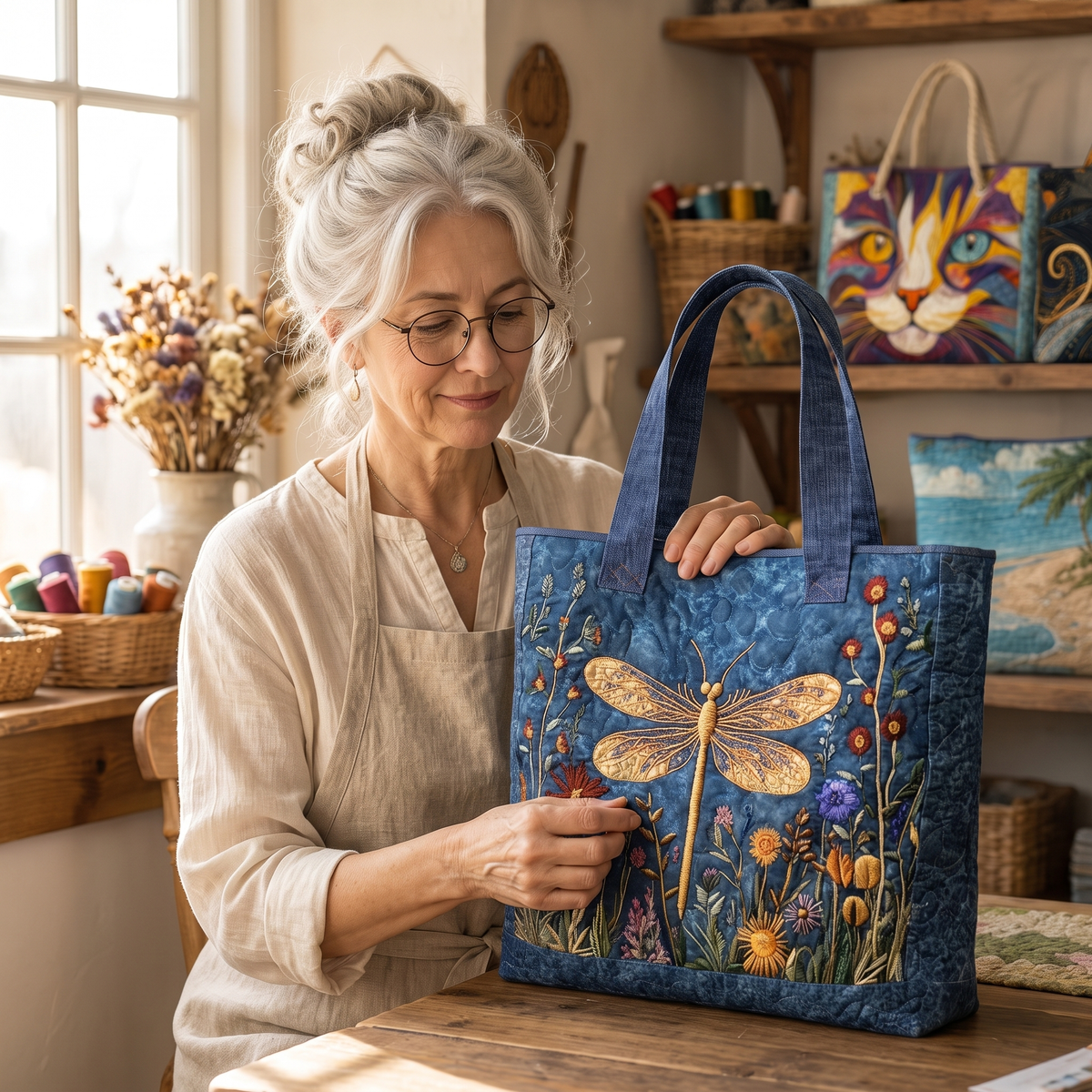 Goldene Libelle — Handwerklich gesteppte Tasche