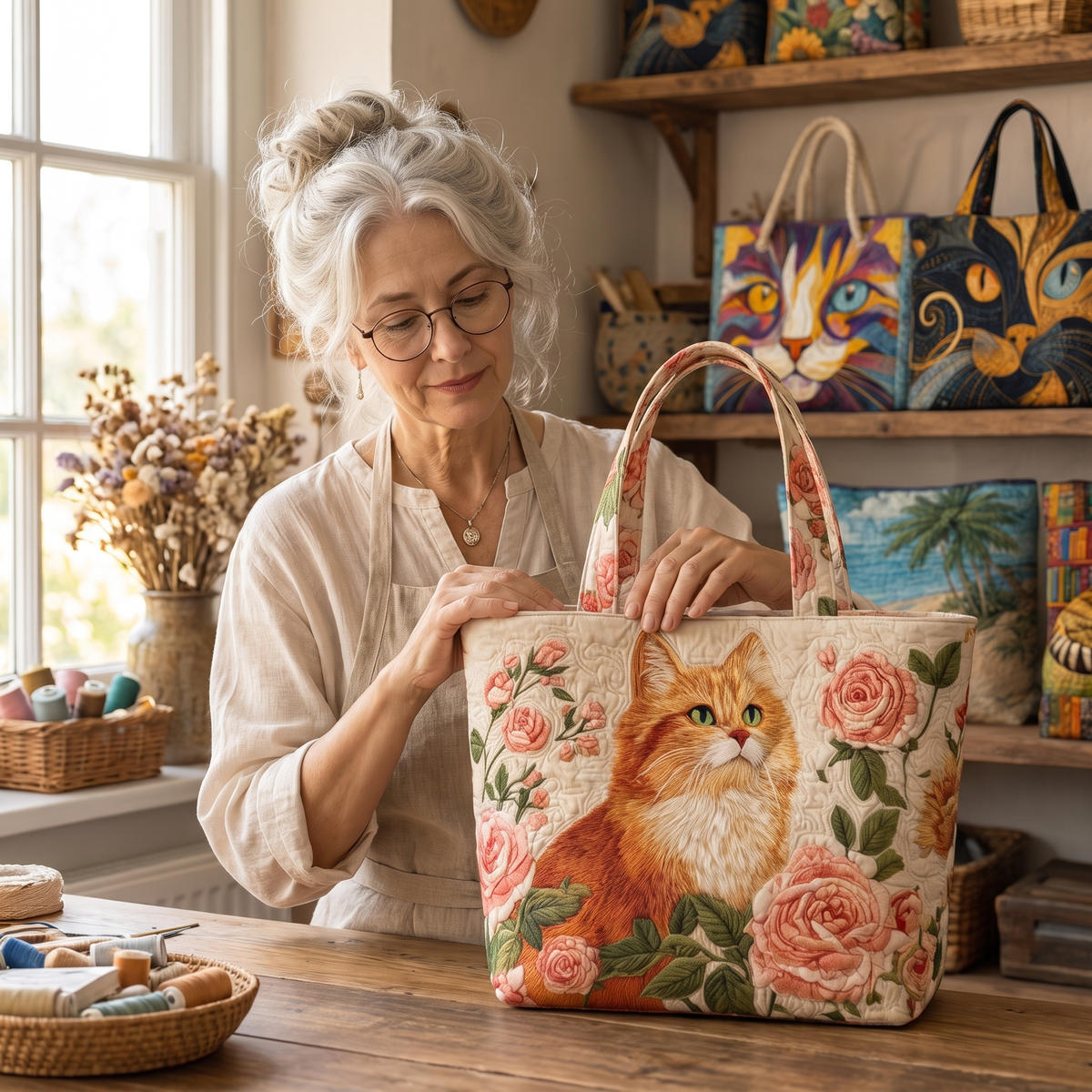 Rote Katze mit Rosen — Handwerklich gesteppte Tasche