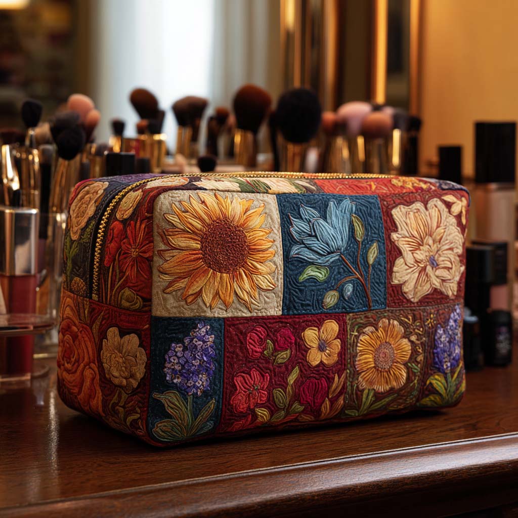 Blumen-Flickendecke — gesteppte Kosmetiktasche