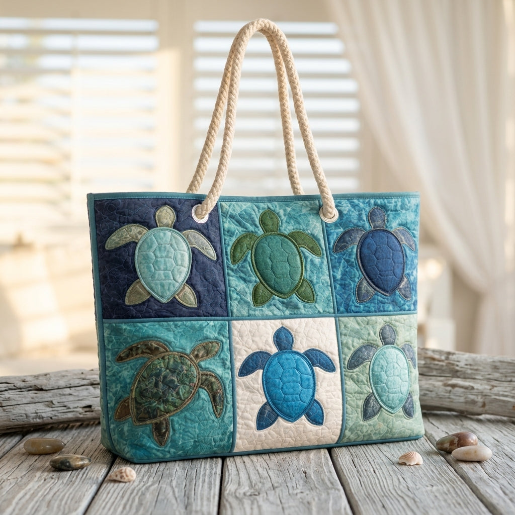 Blaue Schildkröte — handwerklich gesteppte Strandtasche