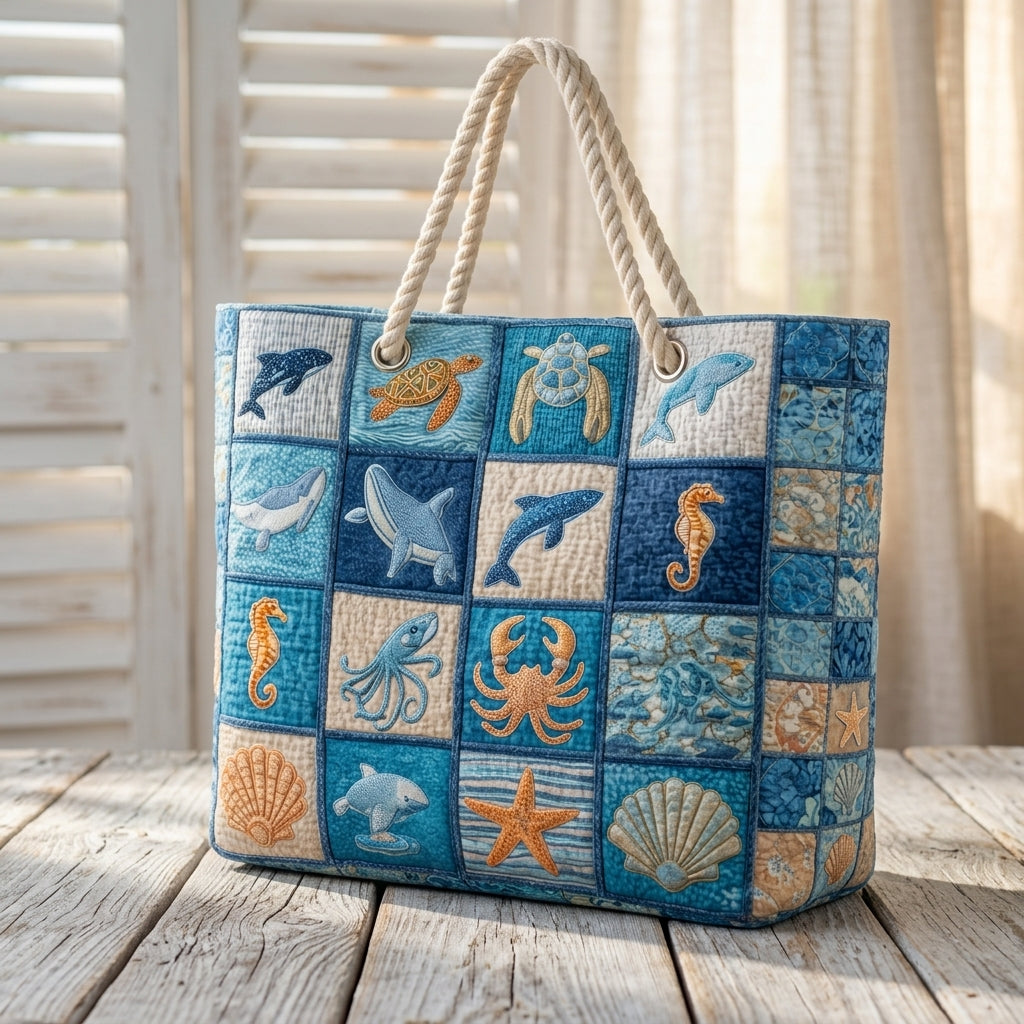 Meeresleben — handwerklich gesteppte Strandtasche
