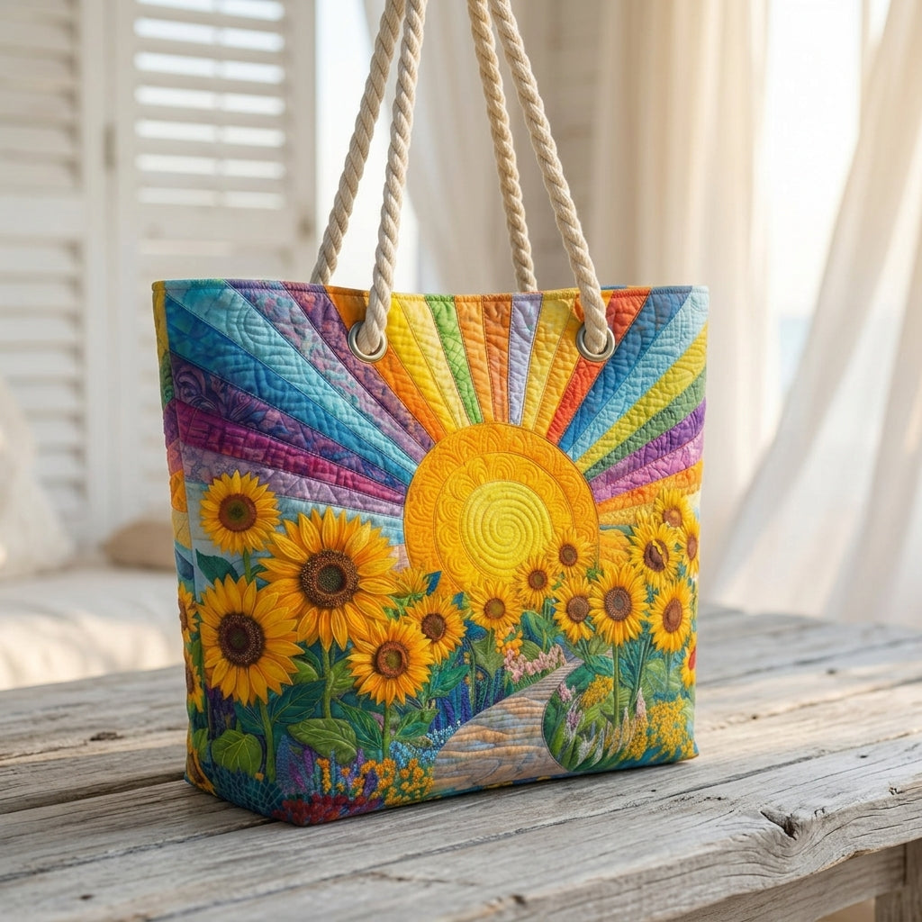 Regenbogensonne — handwerklich gesteppte Strandtasche