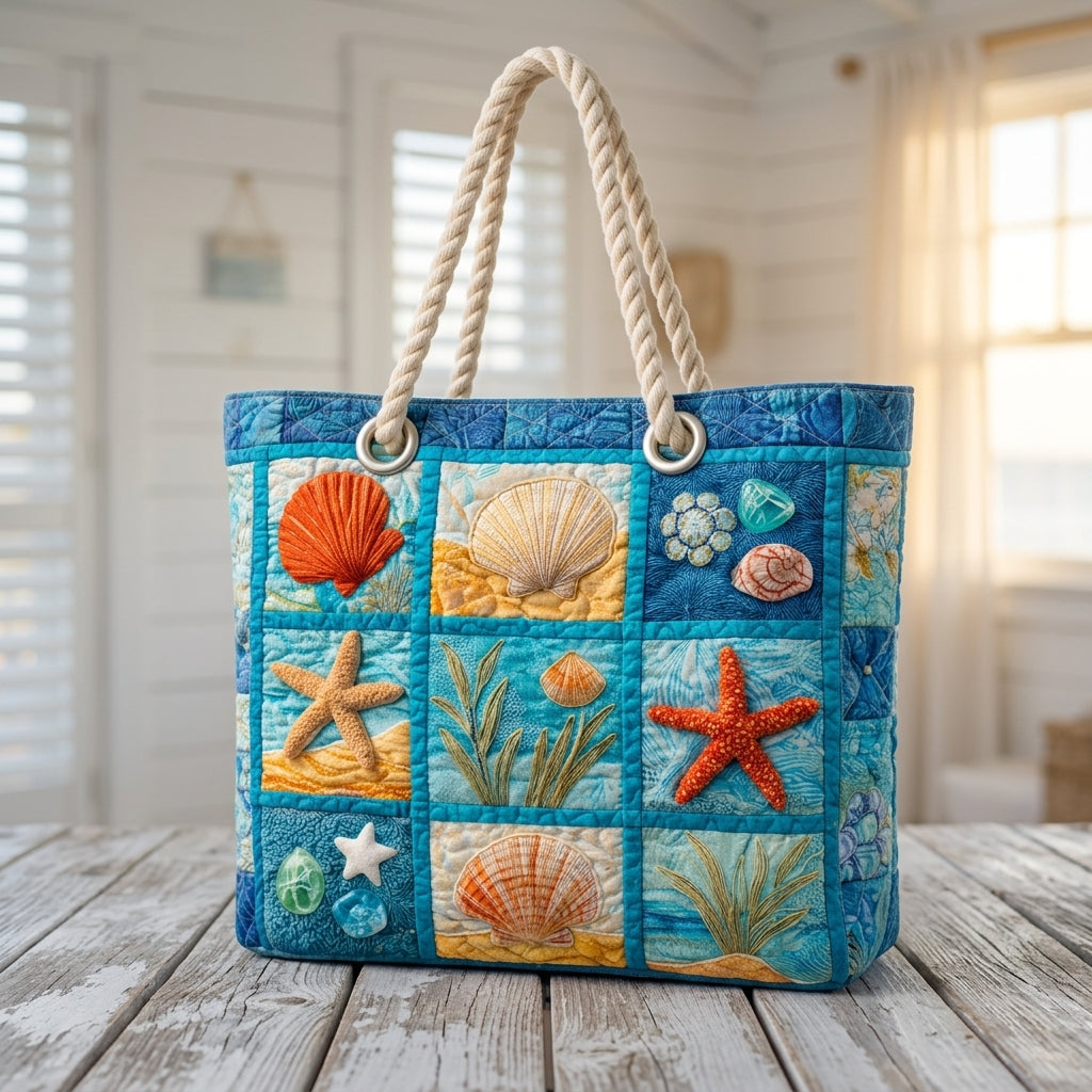 Muscheln an der Küste — handwerklich gesteppte Strandtasche