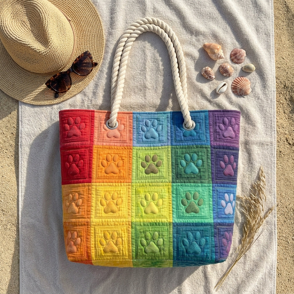 Flickendecke mit Pfotenabdrücken — handwerklich gesteppte Strandtasche