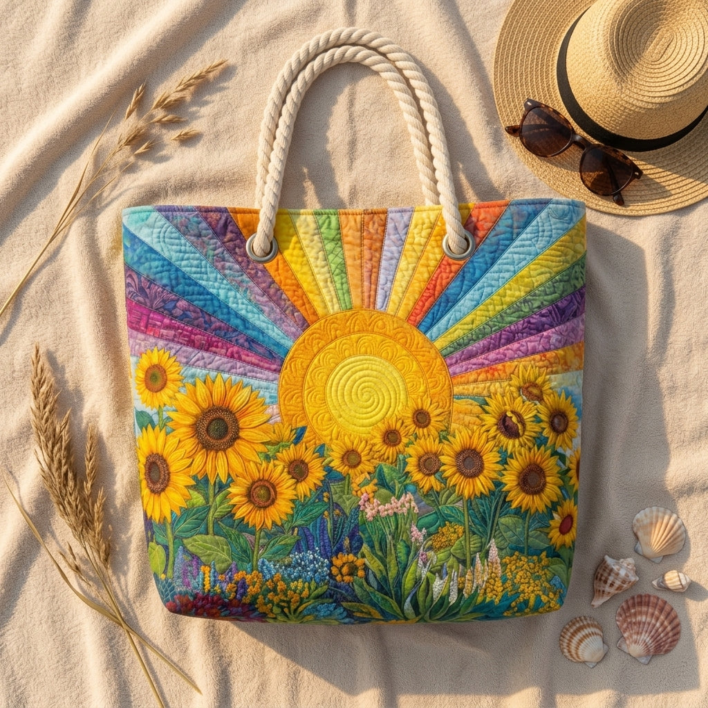 Regenbogensonne — handwerklich gesteppte Strandtasche