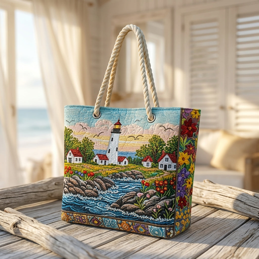 Schein des Leuchtturms — handwerklich gesteppte Strandtasche