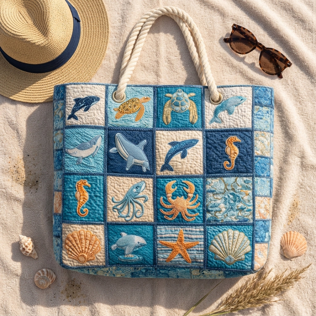 Meeresleben — handwerklich gesteppte Strandtasche