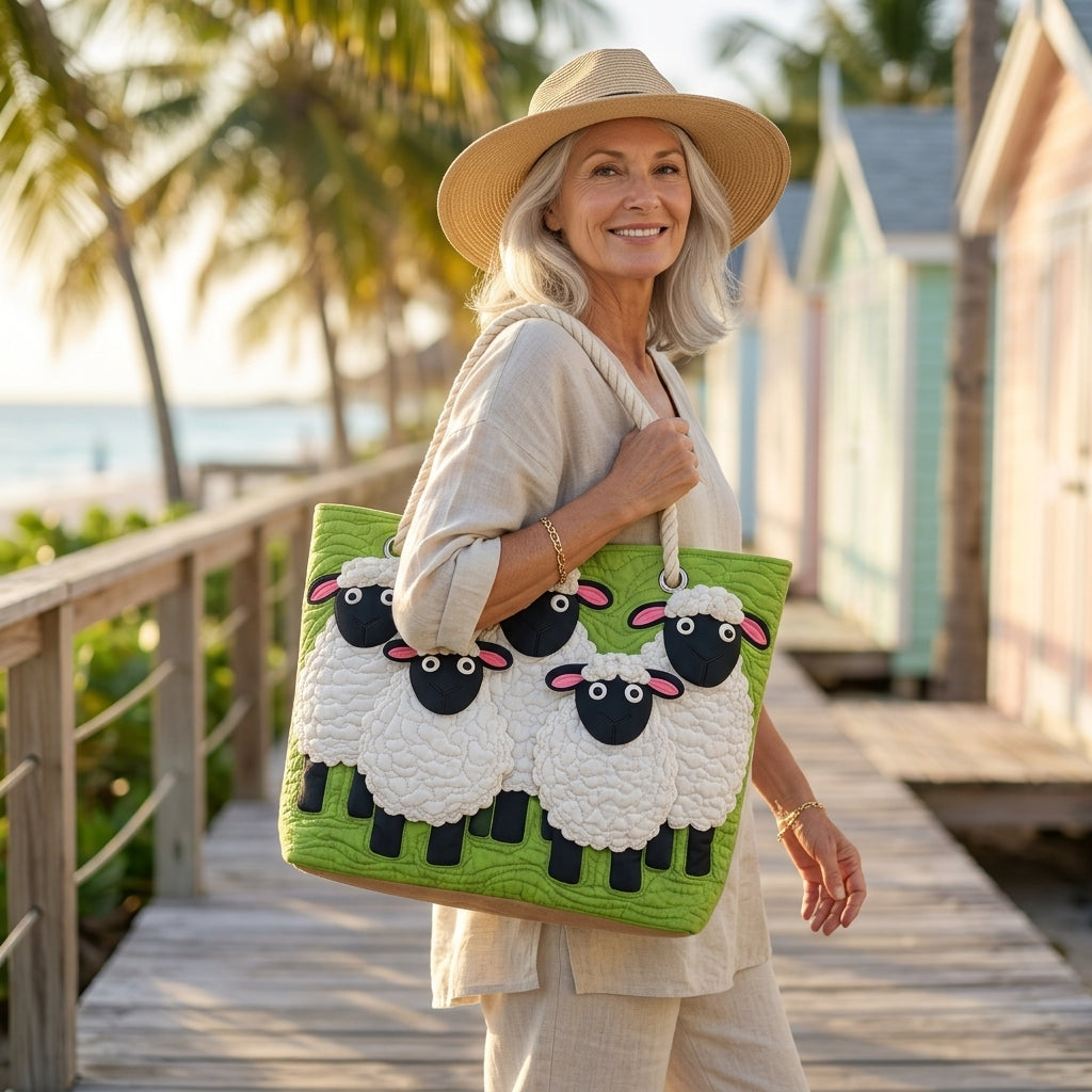 Himmel voller Schafe — handwerklich gesteppte Strandtasche
